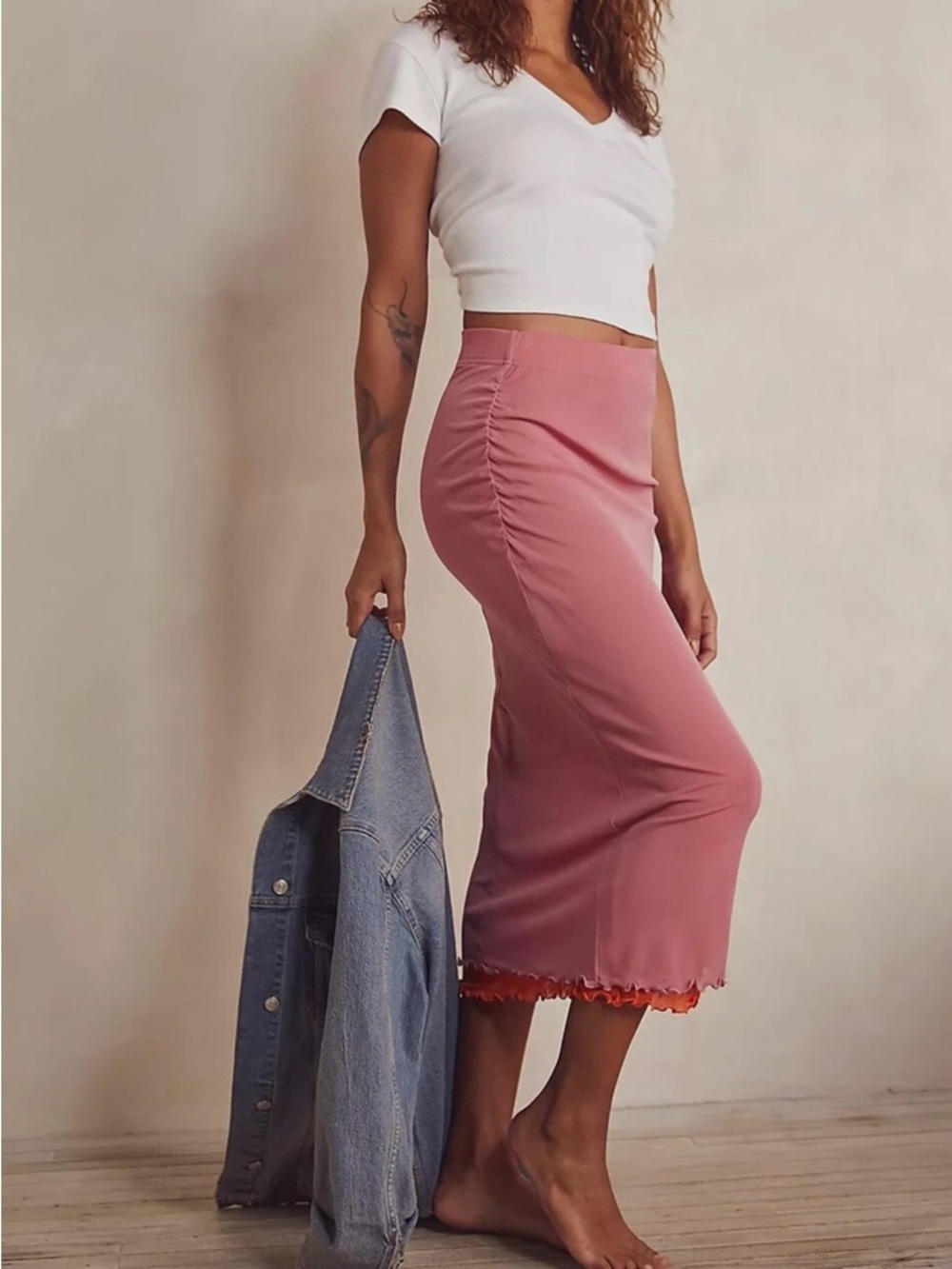 Intimately Free People Mesh Layered Lettuce Hem Pink Skirt